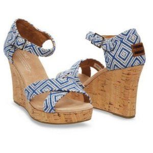 Toms Blue & White Woven Diamond Strappy Wedges